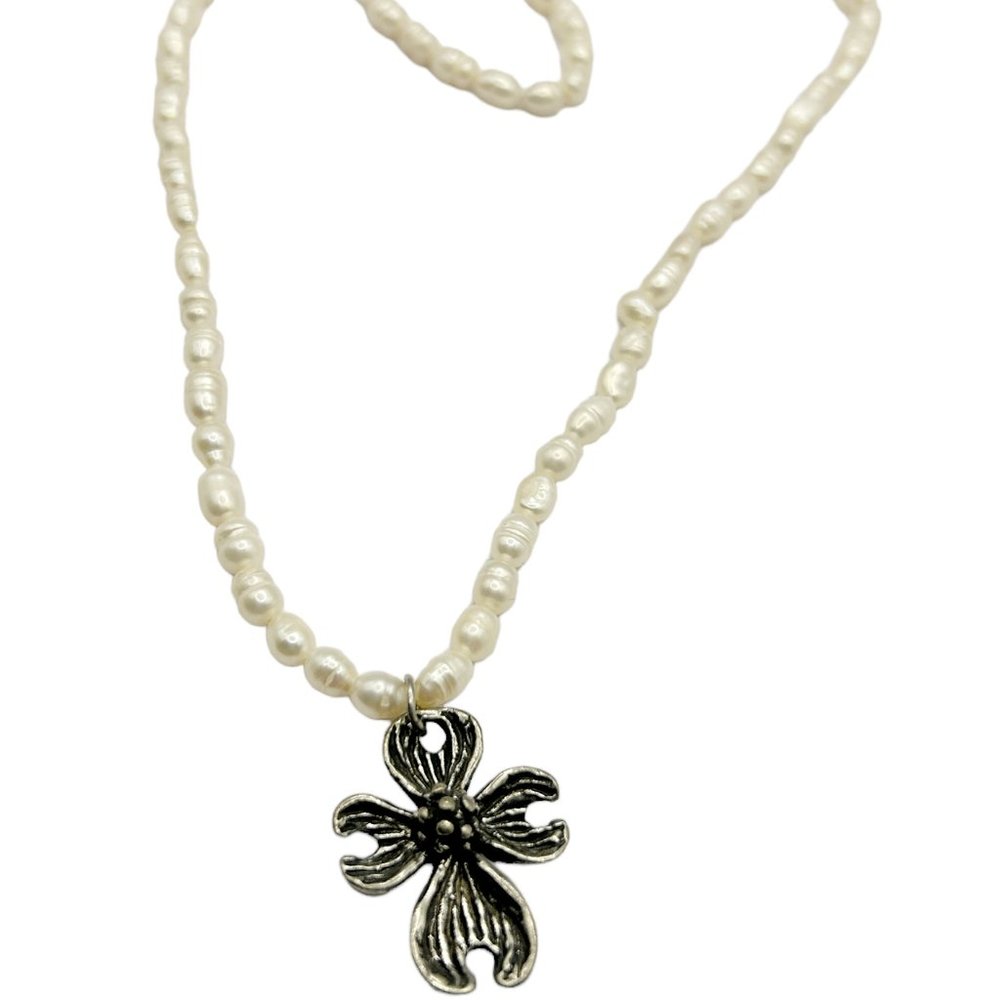 Pewter Dogwood Cross on Freshwater Pearl Necklace